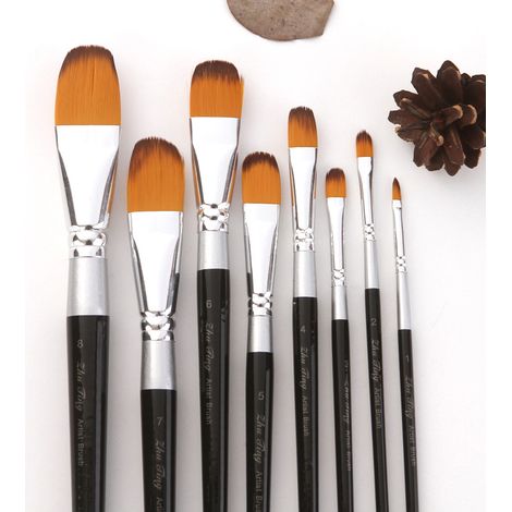 Ensemble de 8 pinceaux ovales/Filbert (manches argentés et noirs) – Pinceaux en nylon pour acrylique, aquarelle et gouache comprend différentes tailles pour les ébauches et les détails. (1/3)