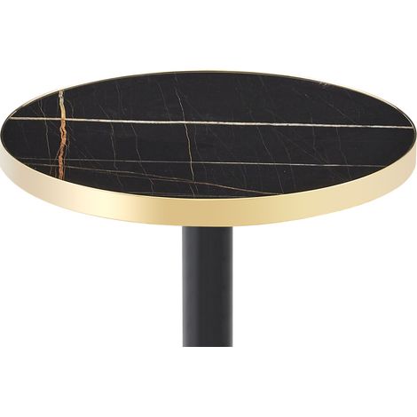 Tavolino rotondo moderno in MDF e metallo, effetto marmo nero con bordo dorato, 60 cm (1/5)