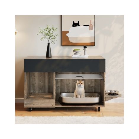 Meuble à litière mobile pour chat (meuble toilettes pour chat) – avec gamelles pour nourriture, bac à sable, panneau perforé avec crochets, sans bac à litière, 100×45,5×67 cm (couleur gris-brun antiqu