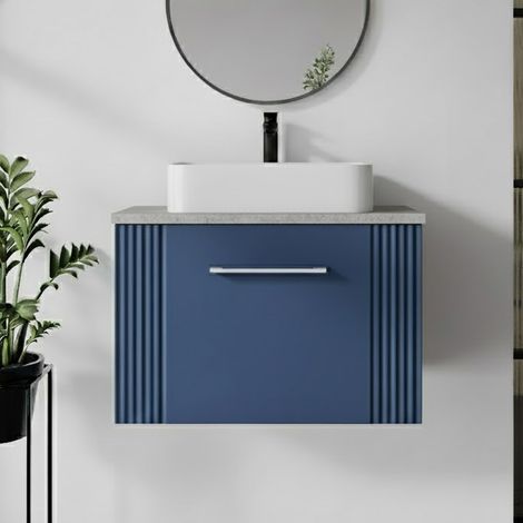 Nuie Deco Wall Hung 1-Drawer Vanity Unit with Bellato Grey Worktop 600mm Wide - Satin Blue (1/5)