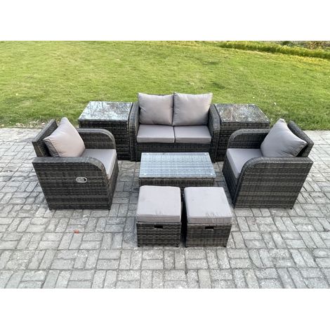 Fimous Outdoor Lounge Sofa Set 6-Sitzer Rattan Gartenmöbel Set mit rechteckigem Couchtisch 2 Kleine Hocker 2 Beistelltische Dunkelgrau Gemischt (1/5)