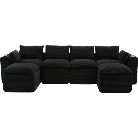 Divano modulare 4 posti con 2 pouf, cuscini e portabicchieri in velluto a coste nero HOMVRA (1/5)