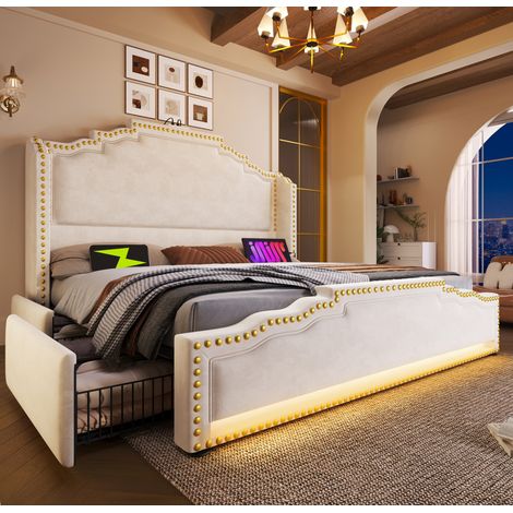 Lit double vintage 180x200 cm en velours beige avec tête de lit, 4 tiroirs, LED, USB-C et sommier à lattes