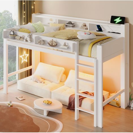 Lit mezzanine moderne en bois blanc 90x200 cm avec bureau, 3 rangements, LED, USB et sommier à lattes