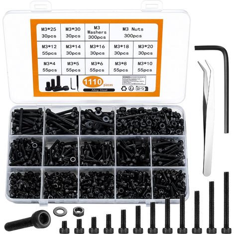 1110 Pièces vis six pans creux M3 acier carbone, kit vis et écrous Boulons cylindriques métriques, polyvalents pour montage, réparation et bricolage (1/5)