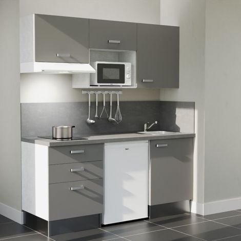 Kitchenette K20L-PT - 180 cm avec plan de travail et évier - Façade Gris - Plan Gris - Evier Inox - Crédences Oui