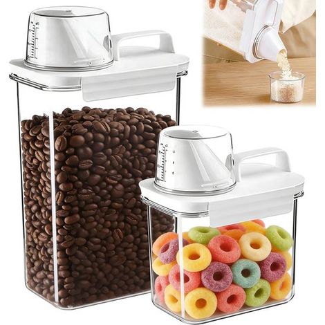 Lot de 2 boîtes de conservation hermétiques pour aliments - Grande et petite boîte à céréales avec bec verseur et verre doseur - Boîtes de cuisine transparentes pour riz, céréales, farine et pâtes (1/5)
