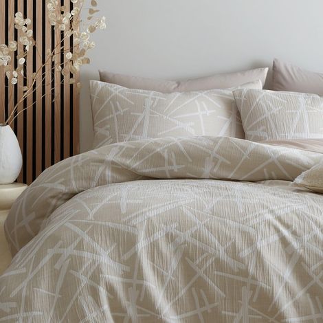 Housse de Couette géométrique Naturelle et Blanche Lit Simple 140 x 200 cm 2 taies d'oreiller Entretien Facile et Lavable Parure de lit contemporaine en Naturel (1/4)