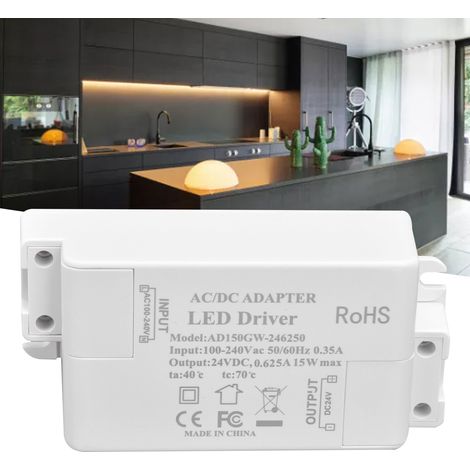 Alimentation LED 15W DC24V 0.625A pour lampe DIY, transformateur basse tension AC 100‑240V