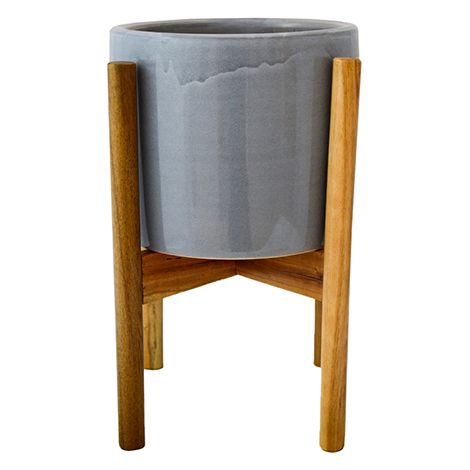 Anzio Planter with Wooden Stand - Ceramic - L24 x W24 x H38.5 cm - Warm Grey