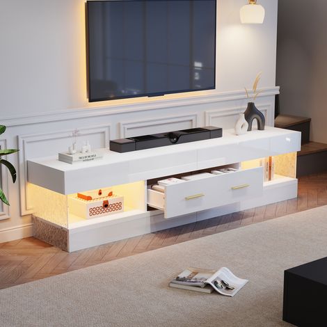 Meuble TV avec LED, table TV pour salon, armoire TV avec espace de rangement ouvert et tiroirs, meuble bas blanc avec plaque en verre acrylique, 1523540cm (1/5)