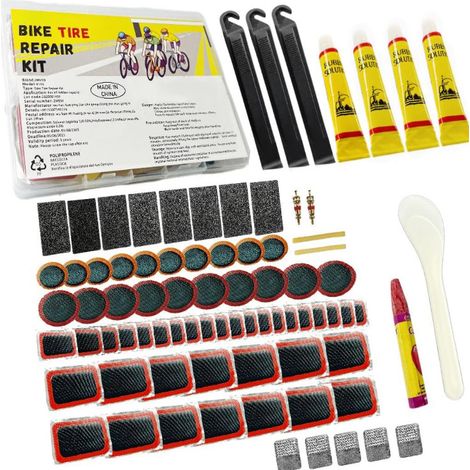 Kit de Réparation Crevaison Vélo Portable - Rustines, Colle Froide, Démonte-Pneus, Outils pour VTT, Route et Ville, Boîte de Rangement Incluse