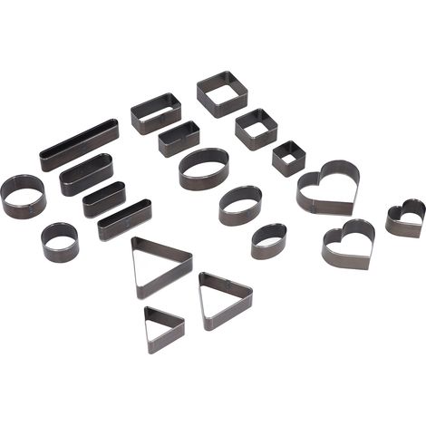 Ensemble de 20 matrices de découpe pour cuir (rondes, carrées, en forme de cœur), en acier à haute teneur en carbone. (1/5)