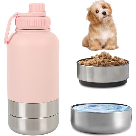 Gourde pour chien - Idéale pour les déplacements, en acier inoxydable isolée - 950 ml - Avec récipient à nourriture, gamelle à eau et poignée de transport - Idéale pour les voyages (1/5)