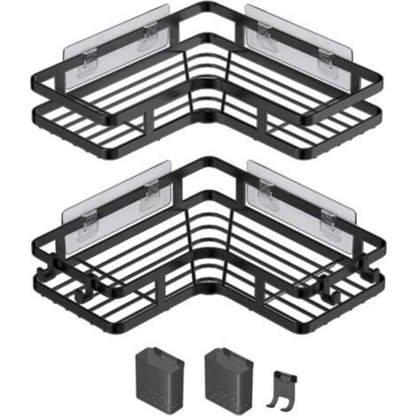 Lot de 2 pièces Étagère de douche , pas besoin de percer des étagères d'angle, support de rangement d'angle de douche de salle de bain avec 4 crochets et tube de dentifrice, support de gel douche de s (1/5)
