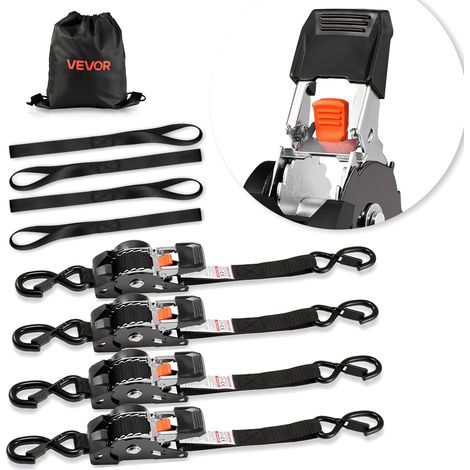 Sangle à Cliquet Rétractable 2,5 cm x 3 m Sangle d'Arrimage Lot de 4 Sangles Chargement pour Déménagement Remorque Moto Kayak Voiture, avec Crochet S 4 Boucles Souples Résistance Rupture 544 kg (1/5)