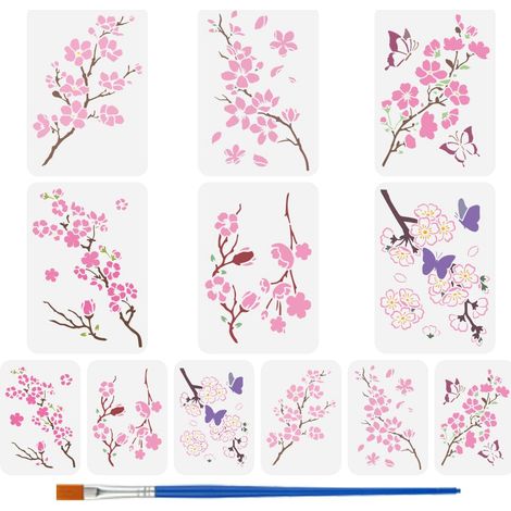 12Pcs Pochoir en Forme de Branche de Cerisier de 21x29.7/14x20cm Motif de Fleur de Cerisier Motif de Papillons et de Pétales Avec Un Pinceau pour Loisirs Créatifs Décoration Intérieur (1/5)