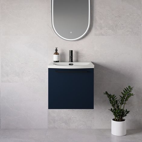 Napoli 390 Deep Blue 500mm Wall Mounted Single Drawer Vanity Unit with Arc Basin - 500mm - Matt Black 320mm Handle