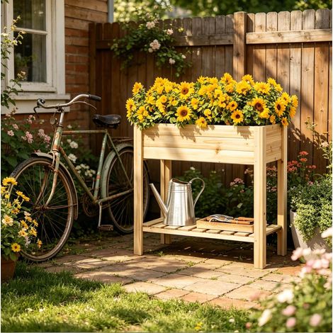 Fioriera da giardino rialzata con ripiano portaoggetti, 80 x 40 x 75 cm, legno di abete DESVIAE (1/5)