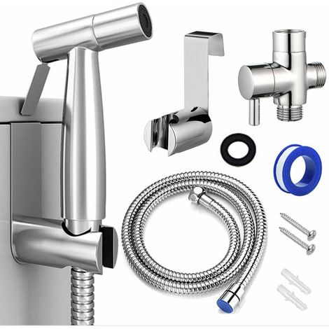Bathroom sprayer kit with hose, made of stainless steel, easy to install and with great water pressure.