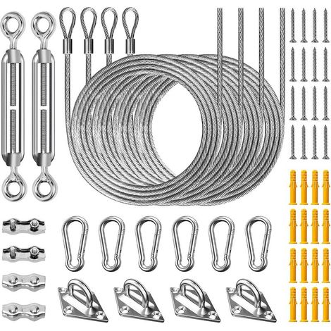 Kit de quincaillerie pour voile d'ombrage 304, 52 pièces, pour installation sur auvent de voile d'ombrage pour jardin extérieur (tendeurs M6 de 15 cm x 4 câbles de 2 m)