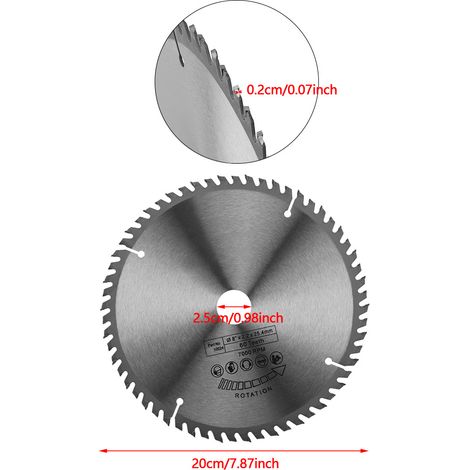 200 mm silberfarbenes Hartmetall-Kreissägeblatt für Holzbearbeitung, 60 Zähne + 1 Reduzierring (1/5)