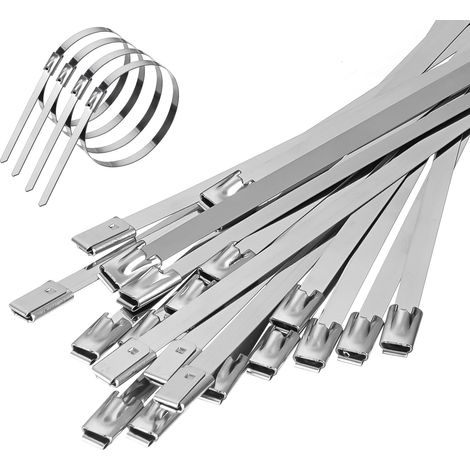 Collier de Serrage Métallique 300 × 4,6mm, 20 Pièces Attache Cable INOX, Attaches de Câble Robustes, Collier de Serrage INOX Autobloquante, pour Enroulement D'échappement, Câbles, Clôtures