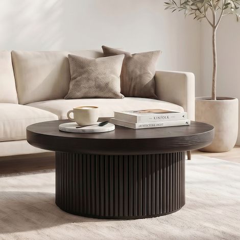 Mesa de centro redonda estriada de 78 cm con tablero de parquet de madera auténtica y base cilíndrica, tablero engrosado, mesa de cóctel circular de estilo moderno de mediados de siglo para sala de es (1/5)