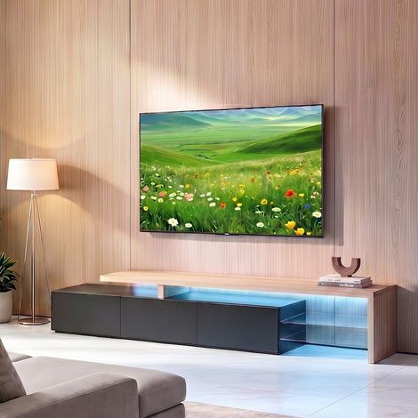 Meuble TV en bois noir – Éclairage LED intégré – 3 étagères fermées – Panneau en verre trempé – Style moderne (1/5)