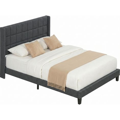 HOMCOM cama tapizada 135x190 cm con cabecero acolchado con orejas y almacenaje inferior, somier de lamas de madera, fácil montaje, gris (1/5)
