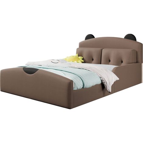 Lit plateforme 140 x 200 cm pour enfants et ados, tête de lit ours rembourrée, 2 coussins décoratifs, revêtement tissu, coloris café  CHICFURN (1/5)