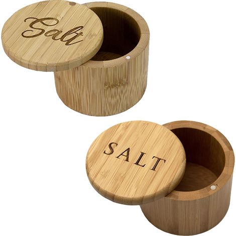 Boîte à sel en bambou, récipient à sel avec couvercle, salière, bol avec couvercle pivotant magnétique (2 pièces) (1/5)