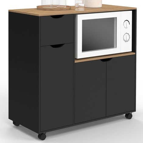Mikrowellen-Küchenwagen COSI XXL Schränke mit schwarzer Holzschublade und Buchenholzplatten B.90 cm