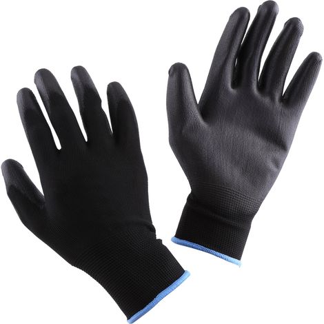 Gants de travail anti-déchirure, 12 paires, paume enduite PU noir, taille L, adhérence renforcée et protection des mains pour bricolage. (1/2)