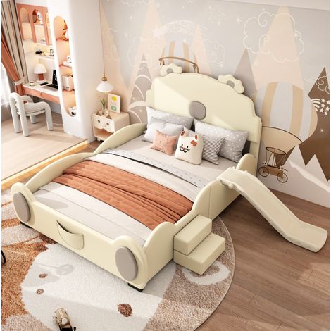 Lit enfant ours cartoon 140x200 cm avec toboggan et échelle, PU et MDF, beige, tête de lit intégrée (1/5)
