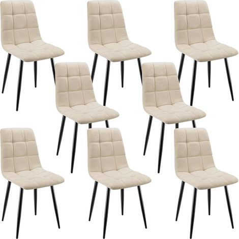 Lewe – Lot de 8 chaises de salle à manger rembourrées – Dossier haut en lin beige – Pieds en fer forgé – Design damier élégant