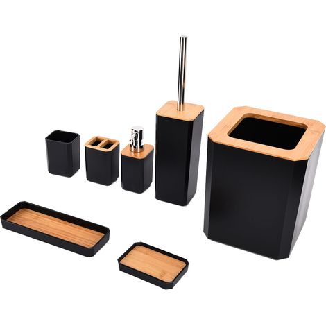 Schwarze Seifenschale, Set mit 7 Badezimmeraccessoires aus Bambus, Abfalleimer und Waschbecken-Set. (1/5)