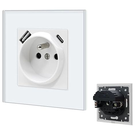 USB C Wall Socket, Standard Electric Sockets with Claws, Wall Socket with USB Max 2.1A, 16A AC Socket, Suitable for, Smartphone (1 Socket with USB and Type C, White) (1/5)