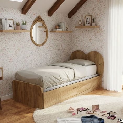 Letto singolo a cuore "Cupidor" con secondo letto estraibile - Quercia