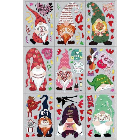 Voici une proposition de titre en français (moins de 190 caractères) :
9 feuilles autocollants statiques Gnome Nain Fête des Mères, déco porte mur fenêtre, stickers muraux joyeux anniversaire maman. (1/4)