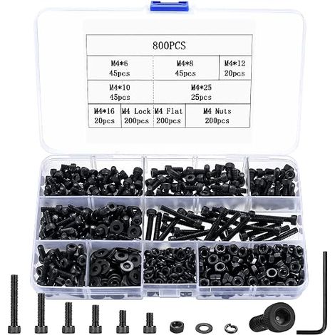 800 Pcs M4 Screws and Nuts, Screws Bolts and Nuts, Screws and Bolts and Washers Set, Hex Head Socket Screws, Assortment Kit Hexagonal Bolts Hollow Screws for Repair, Black (1/5)