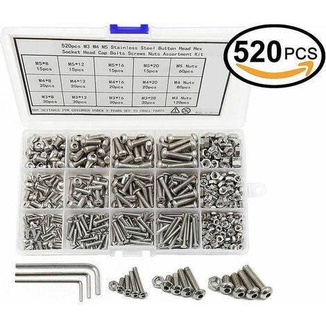 Vis Et Écrous En Acier Inoxydable 304 - M3 M4 M5 - Kit De Fixation Bricolage - 520 Pièces Avec Clés Hexagonales - Boîte De Rangement Transparente