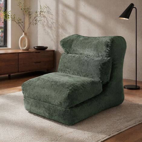 Fauteuil relax convertible 118x90x86 cm vert, assise lounge en tissu peluche et mousse, MEUBLIV (1/5)