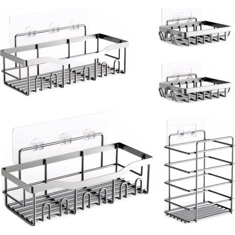Set di 5 pezzi per doccia in acciaio inox zincato, organizer da bagno ad alta capacità, montaggio senza foratura con dispenser di sapone e ganci, porta gel doccia (1/5)