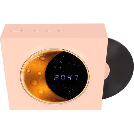 Réveil rétro Bluetooth style tourne-disque vintage avec veilleuse lune et étoiles rose, idéal pour décorer une chambre. (1/5)