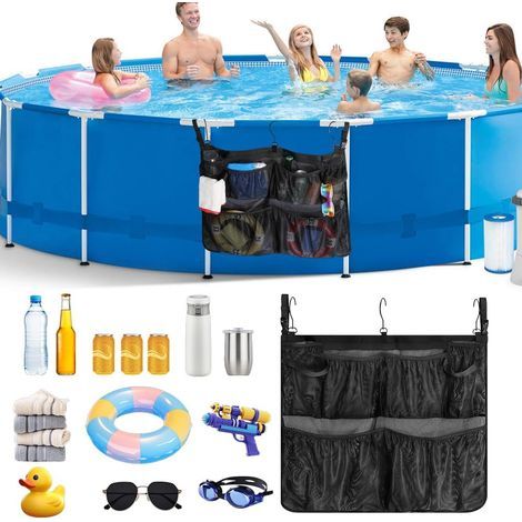 Aufbewahrungstasche für Poolspielzeug, Poolkorb mit 5 Fächern, faltbare Netztasche für Gartenpools und Poolzubehör, Schwarz (1/5)
