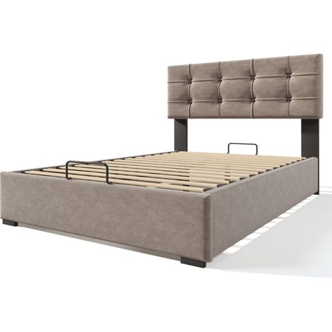 Letto contenitore 90x200 cm in velluto grigio chiaro con testiera regolabile e telaio metallo (1/5)