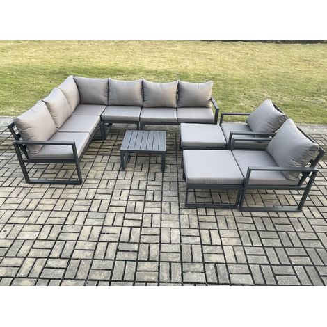 Fimous 10 Seater Outdoor Lounge Corner Sofa Set Aluminum Garden Furniture Sets with Square Coffee Table 2 Chairs 2 Big Footstool Dark Grey (1/5)