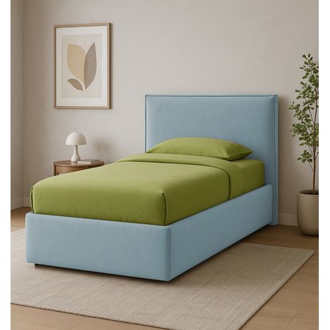 letto singolo con contenitore e rete "zoom" rivestito in tessuto celeste 90x190 cm (1/4)