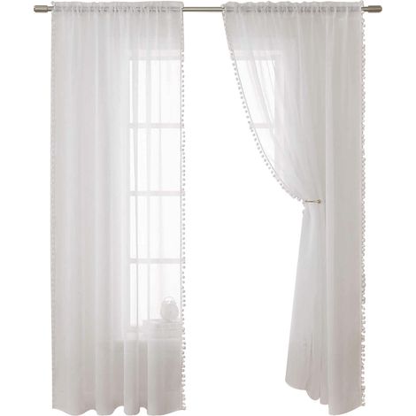 Cortinas de lino transparentes y texturizadas con encaje, semitransparentes, ligeras y transpirables, para la decoración de ventanas en el dormitorio, sala de estar y comedor (2 paneles). (1/5)